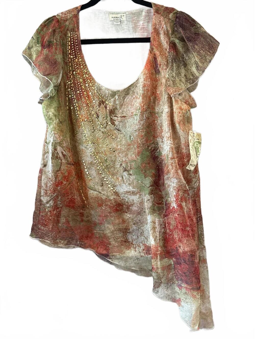 oneworld Women's Asymmetrical Ruffle Sleeve Blouse with Beaded Detail